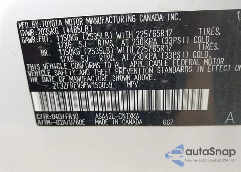 2015 Toyota Rav4 Le z USA, uszkodzony, nr VIN 2T3ZFREV9FW150059